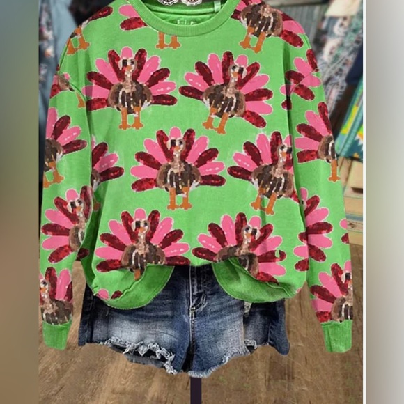 Amazon Tops - Boutique Green Sweatshirt with Pink Turkey Print large